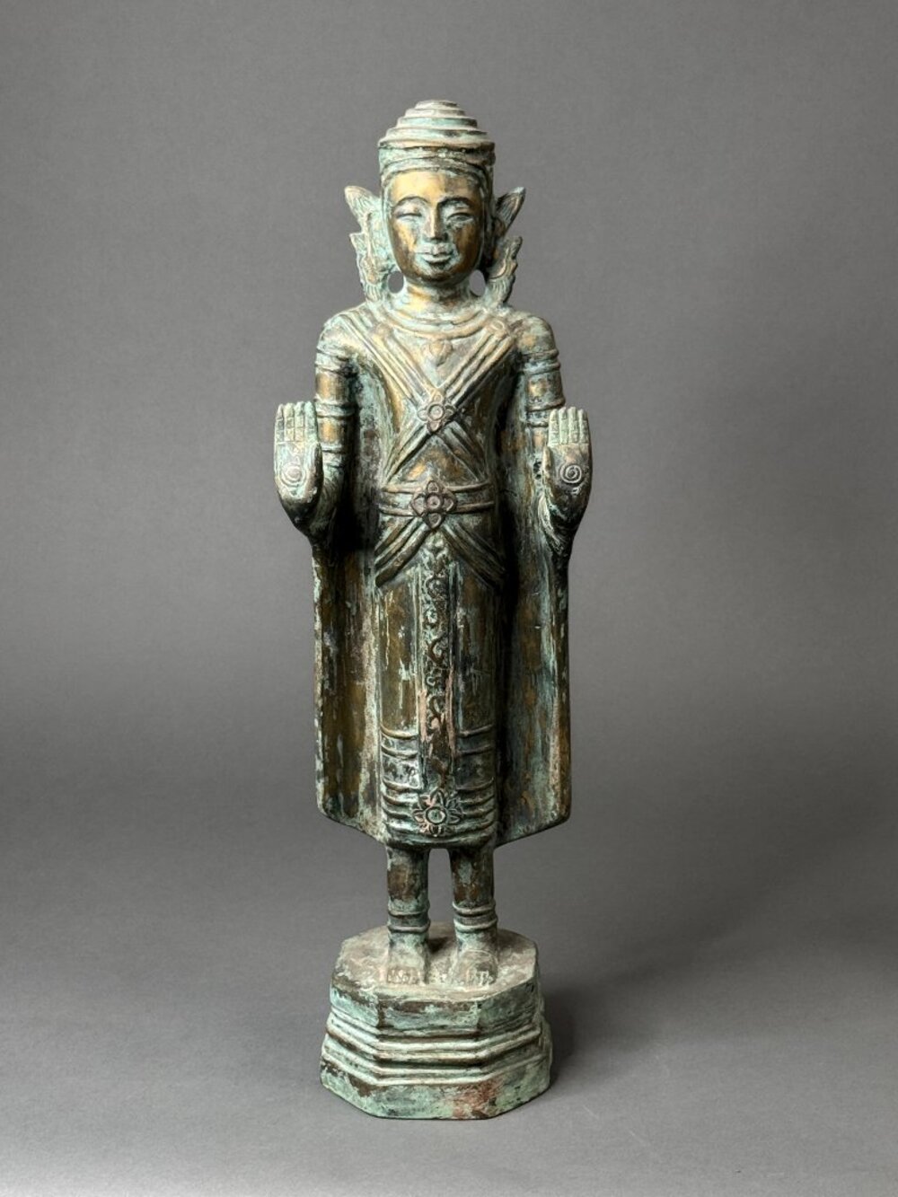 Vintage Southeast Asian Bronze Standing Buddha Statue Double Abhaya Mudra 23.5"